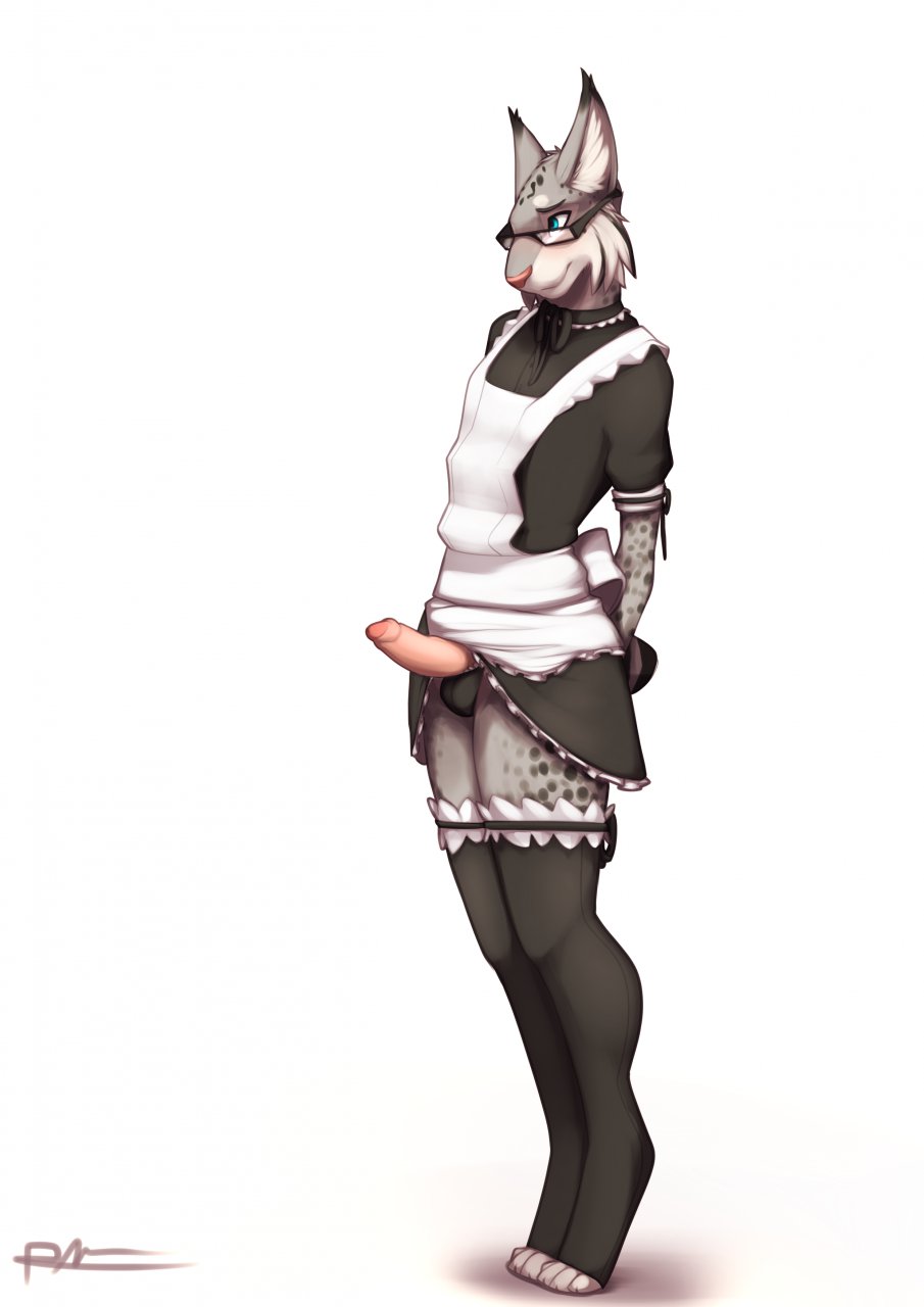 anthro arms_behind_back balls barefoot clothed clothing crossdressing cute erection eyewear feline fur girly glasses grey_fur humanoid_penis legwear lost-paw lynx maid maid_uniform male mammal penis plain_background playful seductive sleeves solo standing stockings synx_the_lynx tiptoes uncut white_background
