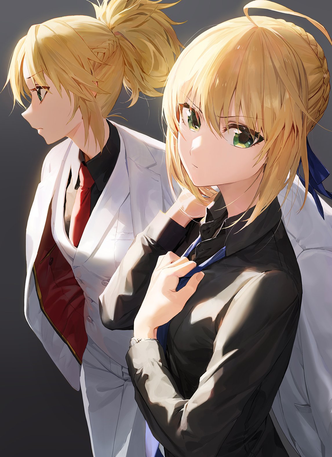 2girls ahoge alternate_costume artoria_pendragon_(all) artoria_pendragon_(lancer) bangs black_shirt black_suit blonde_hair blue_neckwear braid closed_mouth commentary eyebrows_visible_through_hair fate/grand_order fate_(series) french_braid green_eyes grey_background hair_between_eyes hair_bun hair_ribbon highres jacket mordred_(fate) mordred_(fate)_(all) mossi multiple_girls open_clothes open_collar open_jacket pants red_neckwear ribbon shirt sidelocks vest watch white_jacket white_pants white_vest wristwatch