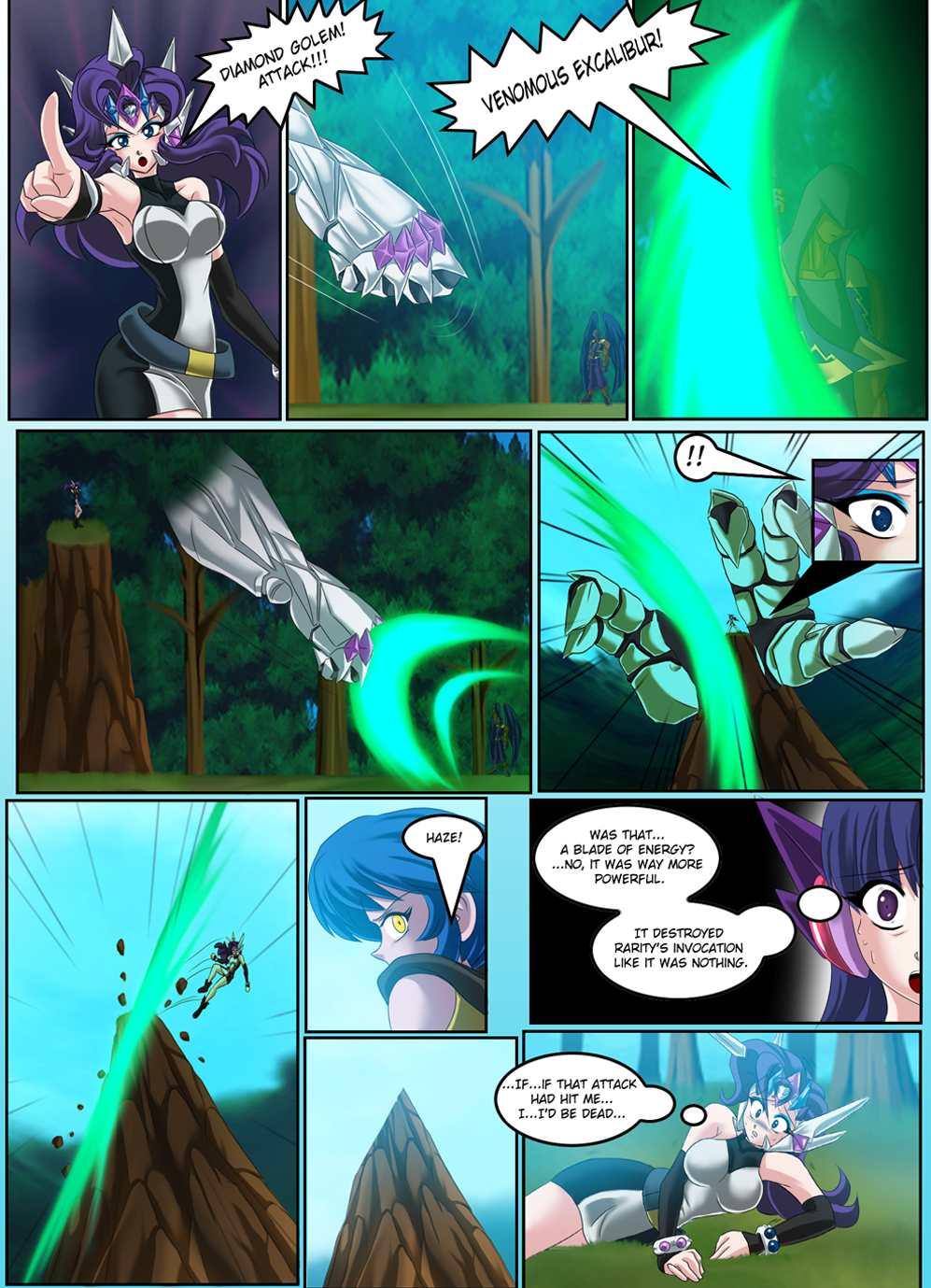 clothed clothing comic dialog english_text female fight friendship_is_magic golem hair hat hood human humanized magic_blast male mammal mauroz multi-colored_hair my_little_pony not_furry rarity_(mlp) shadowbolts_(mlp) slice text tiara twilight_sparkle_(mlp) wings
