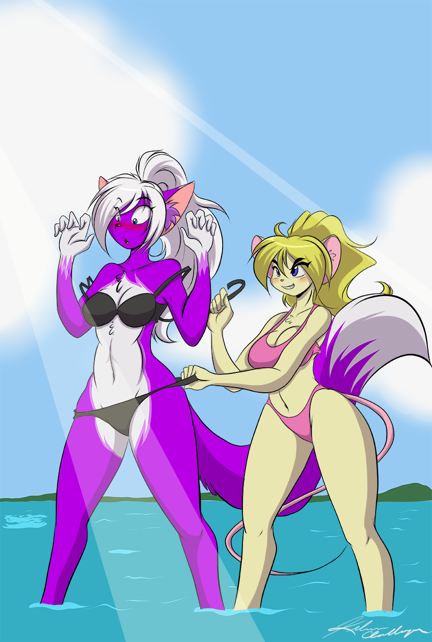 anthro blonde_hair blush canine cloud female fur hair long_hair mammal mastergodai mouse open_mouth outside purple_fur rodent sky standing swimsuit undressing water white_hair