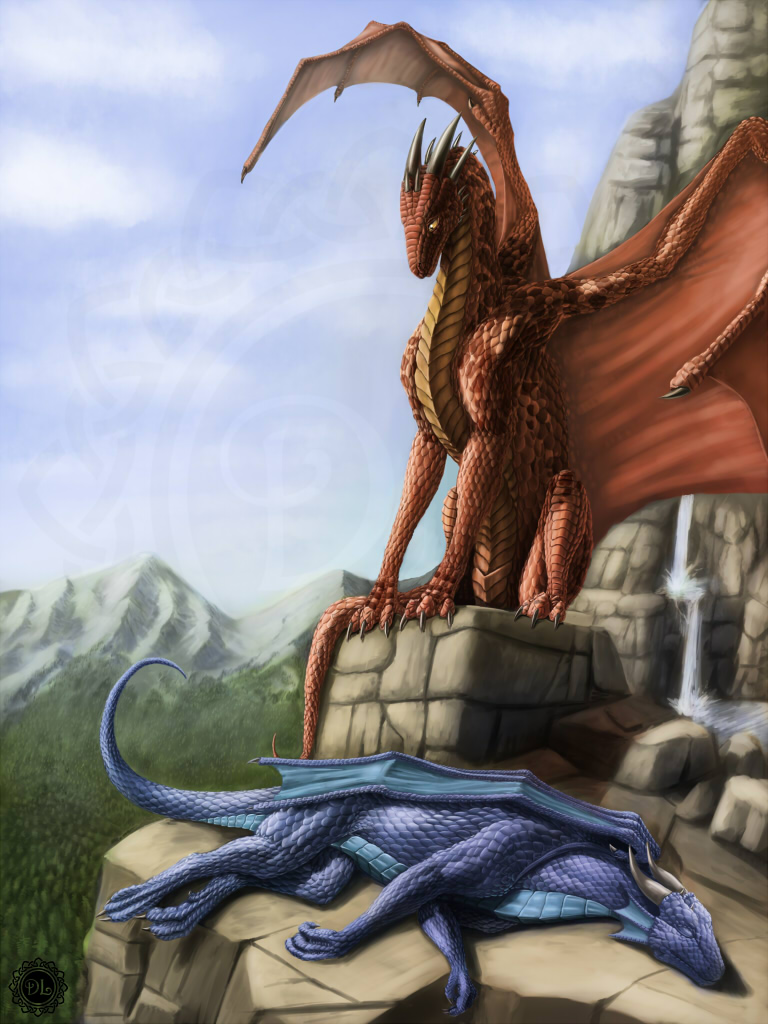 ambiguous_gender blue_scales claws dragonator feral forest horn looking_down lying mountain on_side ragnir rastaban red_scales sitting sleeping tree waterfall wings