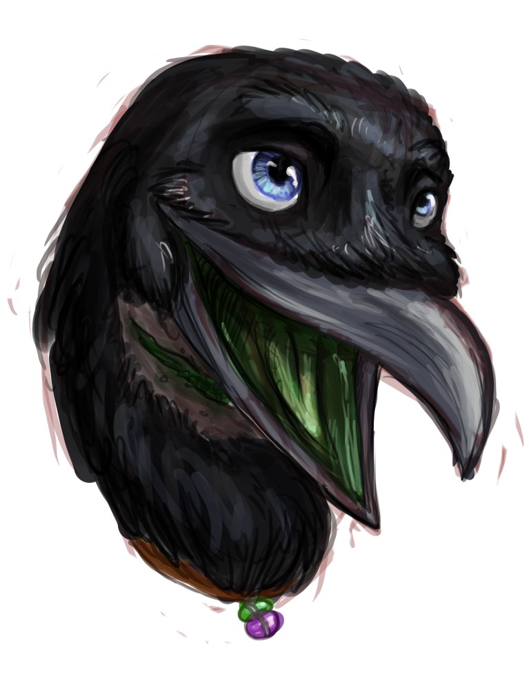 avian beak bird black_feathers blue_eyes crow female green_tongue mazz open_mouth scar smile tongue