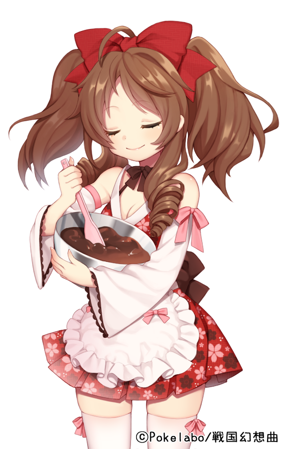 apron bad_id bad_pixiv_id baking blush bow brown_hair byulzzimon chocolate closed_eyes detached_sleeves dress long_hair long_sleeves mixing_bowl official_art red_dress sengoku_gensoukyoku smile solo spatula stirring thighhighs twintails watermark white_background white_legwear
