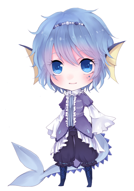 asame21 blue_eyes blue_hair boots chibi full_body gen_1_pokemon head_fins long_sleeves pants personification pokemon shirt short_hair sleeves_past_wrists smile solo standing tail vaporeon white_background