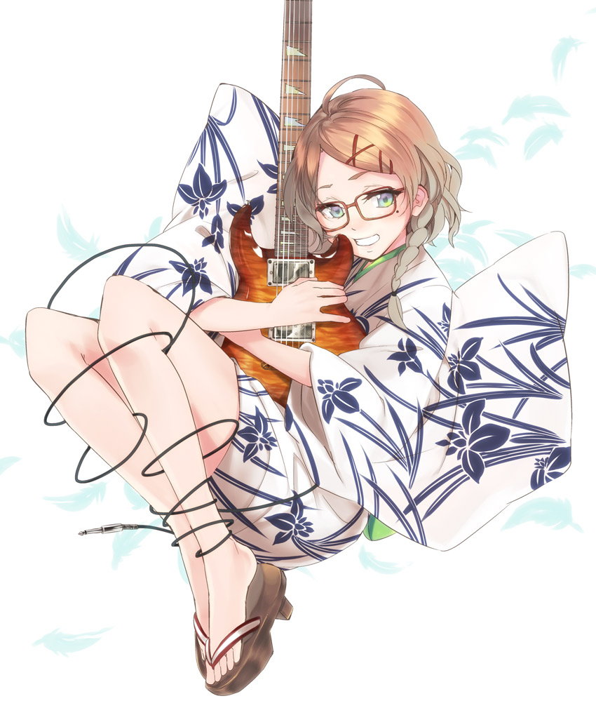 ahoge bare_legs braid brown_hair commentary_request electric_guitar feet glasses green_eyes grin guitar hair_ornament hairclip instrument japanese_clothes kabocha_(monkey4) kimono mole mole_under_eye original sandals short_hair smile solo toes wide_sleeves