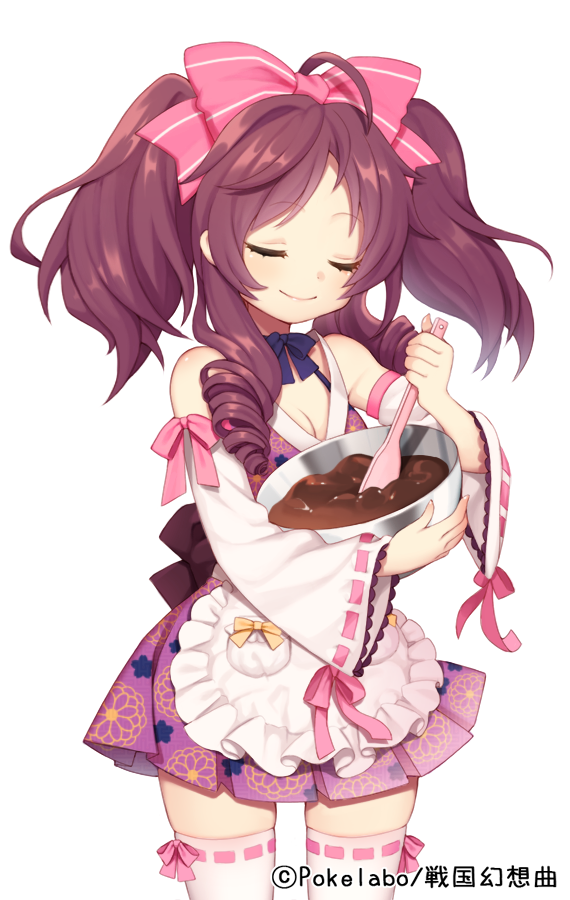 apron bad_id bad_pixiv_id baking bow breasts byulzzimon chocolate cleavage closed_eyes detached_sleeves dress hair_bow long_hair long_sleeves mixing_bowl official_art purple_dress ribbon-trimmed_legwear ribbon-trimmed_sleeves ribbon_trim sengoku_gensoukyoku small_breasts smile solo spatula stirring thighhighs twintails watermark white_background white_legwear