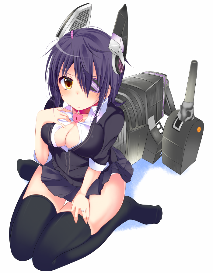 bad_id bad_pixiv_id breasts collar eyepatch hand_on_own_chest hand_on_thigh haruta_(806060) headgear jewelry kantai_collection large_breasts looking_at_viewer purple_hair ring school_uniform short_hair sitting solo tenryuu_(kantai_collection) thighhighs wariza wedding_band yellow_eyes