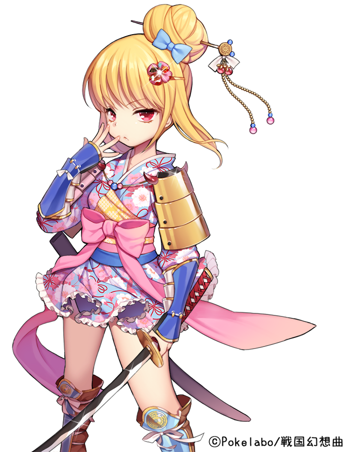 armor bad_id bad_pixiv_id blonde_hair boots bow byulzzimon dress floral_print frills frown hair_bow hair_ornament hair_up hairclip holding holding_weapon japanese_armor japanese_clothes katana kote long_sleeves official_art red_eyes sengoku_gensoukyoku shoulder_armor sode solo standing suneate sword watermark weapon white_background