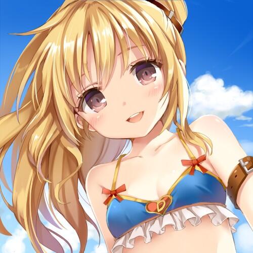armlet bare_shoulders blonde_hair breasts brown_eyes close-up day looking_at_viewer lowres momoko_(momopoco) open_mouth small_breasts smile solo