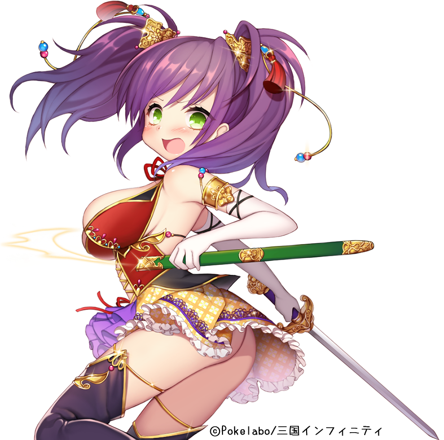 ass bad_id bad_pixiv_id boots breasts byulzzimon character_request embarrassed fighting_stance frilled_skirt frills gloves green_eyes holding holding_weapon large_breasts long_hair open_mouth purple_hair sangoku_infinity skirt solo sword tank_top thigh_boots thighhighs twintails weapon white_background white_gloves yellow_skirt