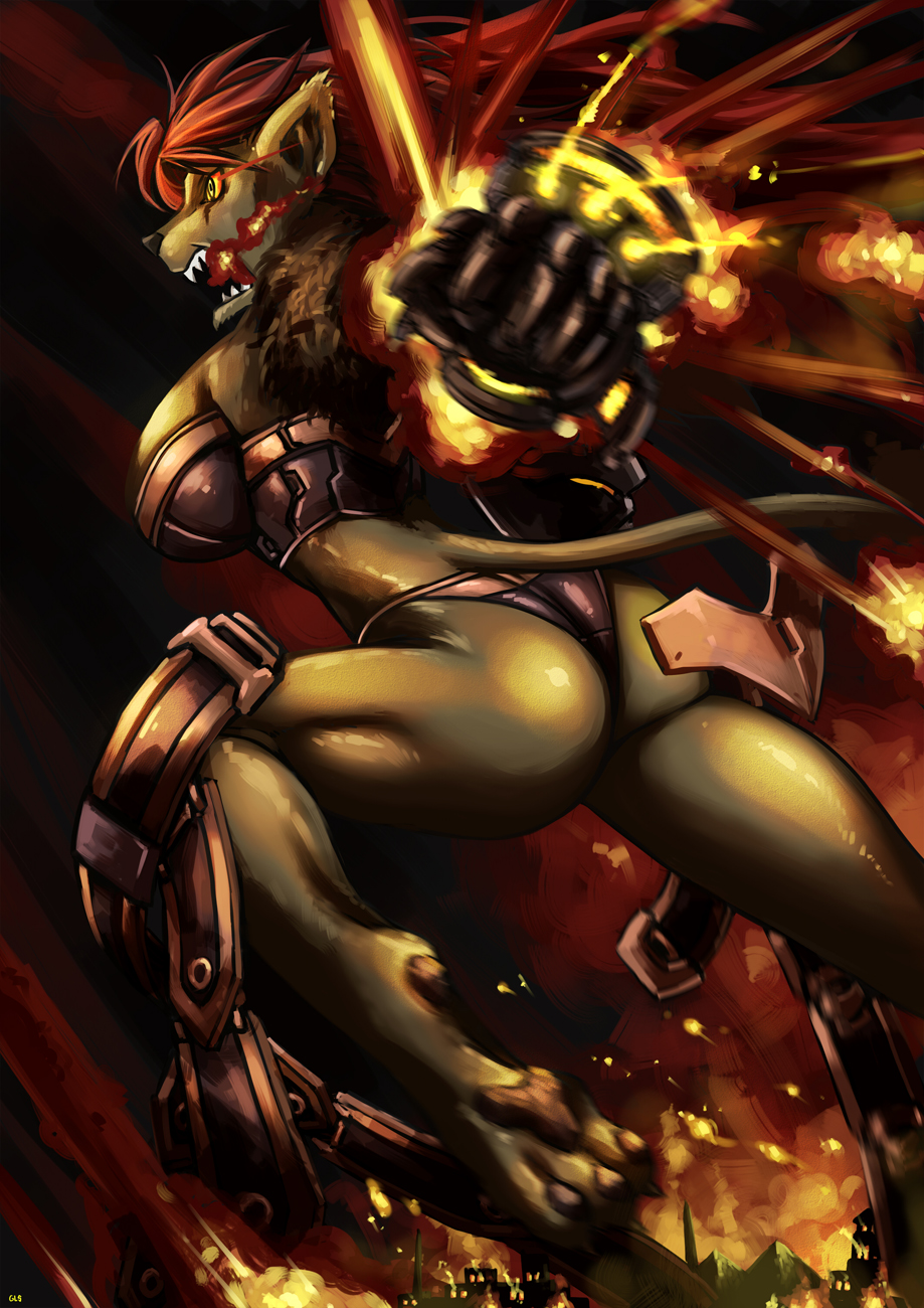 angry anthro armor attack black_fur black_nose breasts building cat claws clothed clothing digitigrade explosion fangs feline female fire fire_breathing fur gloves hair jumping long_hair mammal open_mouth pawpads paws pyramid rage red_hair skimpy solo suspended_in_midair teeth unknown_artist weapon yellow_eyes