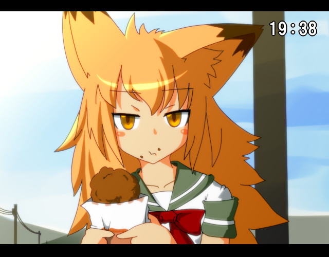 animal_ears anime_coloring april_fools blonde_hair clock fake_screenshot food food_on_face fox_ears letterboxed long_hair original sakifox sakitsune school_uniform yellow_eyes