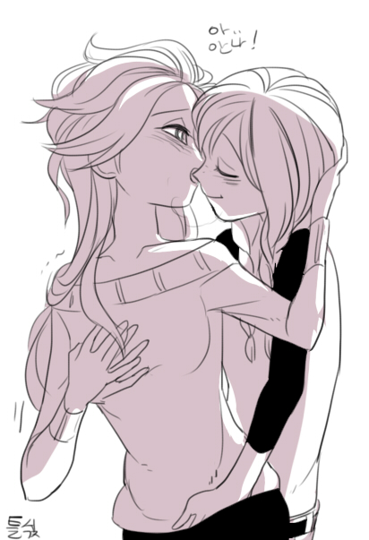 2girls anna_(frozen) blonde_hair blush breast_grab brown_hair elsa_(frozen) frozen_(disney) grabbing incest long_hair multiple_girls siblings siku_(blackstarmon) sisters yuri