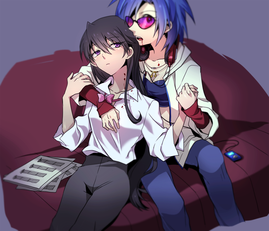 bite_mark black_hair black_pants blood blood_on_face blue_hair blush couch digital_media_player dj_pon3 headphones headphones_around_neck jacket jewelry long_hair long_sleeves multiple_girls my_little_pony my_little_pony_friendship_is_magic necklace octavia_melody open_mouth pants personification purple_eyes rex_k shirt short_hair sitting sunglasses vampire white_shirt