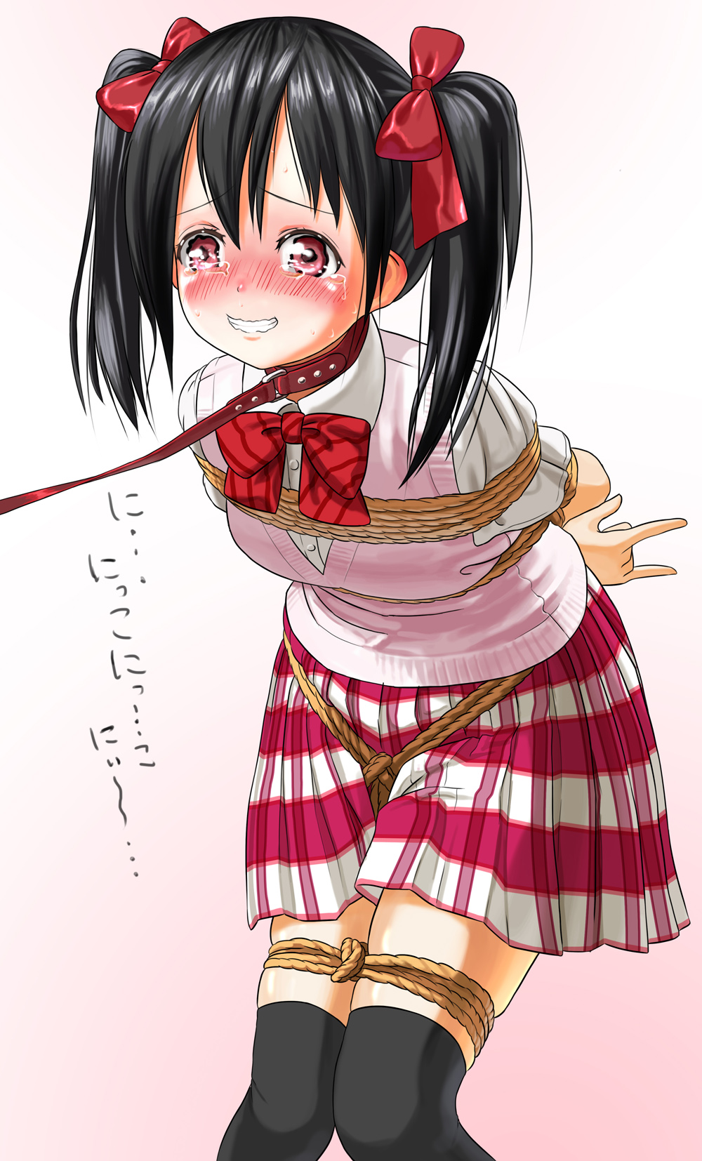 arms_behind_back bdsm black_hair blush bondage bound collar crotch_rope fleda highres leash love_live! love_live!_school_idol_project open_mouth red_eyes rope shibari solo tears twintails yazawa_nico
