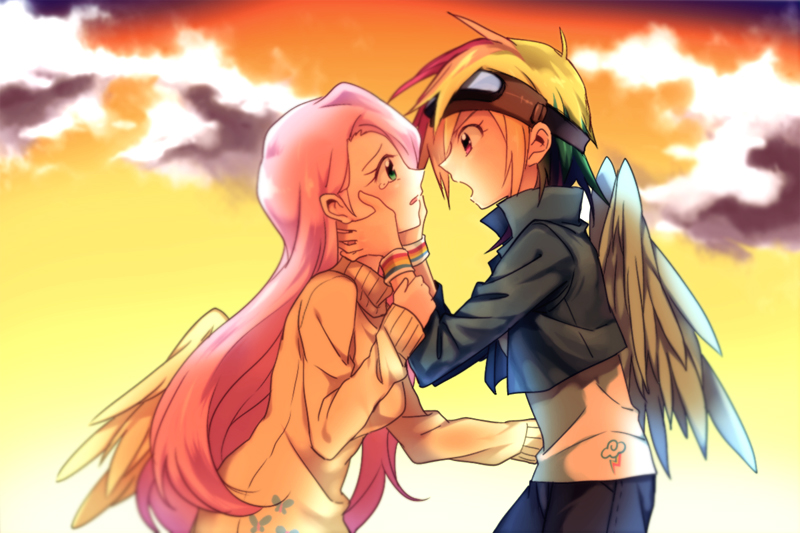 blush cloud crying feathered_wings fluttershy goggles goggles_on_head green_eyes jacket long_hair long_sleeves looking_at_another multicolored_hair multiple_girls my_little_pony my_little_pony_friendship_is_magic open_mouth pants personification pink_hair rainbow_dash red_eyes rex_k shirt sunset sweater wings