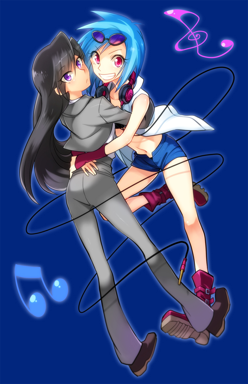beamed_eighth_notes black_hair blue_background blue_hair boots dj_pon3 eyewear_on_head frown grin headphones headphones_around_neck highres hug jacket long_hair long_sleeves looking_at_viewer multiple_girls musical_note my_little_pony my_little_pony_friendship_is_magic navel octavia_melody pants personification pink_hair purple_eyes rex_k shoes short_hair shorts smile sunglasses treble_clef vest