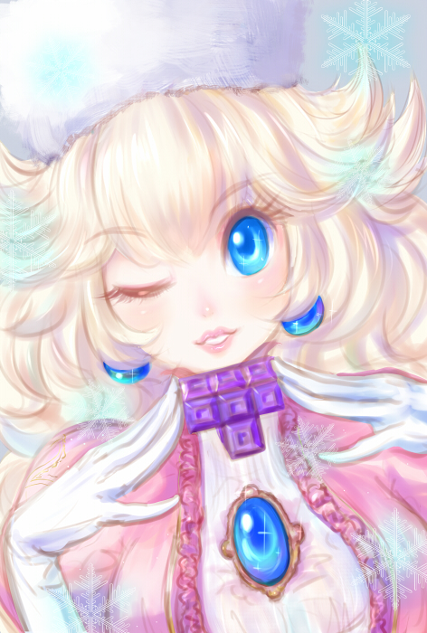 1girl blonde_hair blue_eyes dress earrings gloves jewelry looking_at_viewer mario_(series) open_mouth princess_peach smile snowflakes solo super_mario_bros. wink