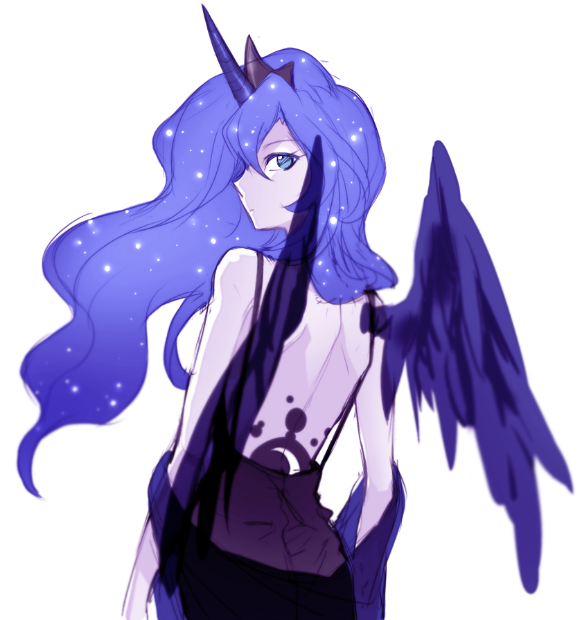 back black_dress blue_eyes blue_hair crown dress feathered_wings frown horn long_hair looking_at_viewer looking_back luna_(my_little_pony) my_little_pony my_little_pony_friendship_is_magic personification rex_k solo tattoo white_background wings