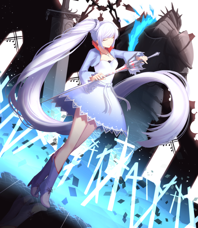 absurdly_long_hair closed_eyes cubies_(tiger_205) full_body holding holding_sword holding_weapon left-handed long_hair myrtenaster ponytail rapier rwby solo sword very_long_hair weapon weiss_schnee white_hair