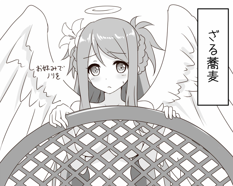 akkijin angel_(shinkai_no_valkyrie) angel_wings blush censored convenient_censoring monochrome nude shinkai_no_valkyrie translated wings