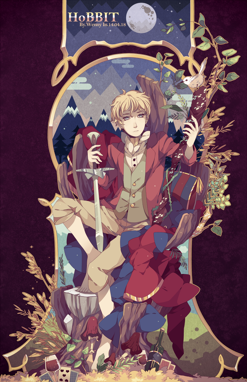 bilbo_baggins blonde_hair highres male_focus planted_sword planted_weapon solo staff sword the_hobbit weapon wenny02