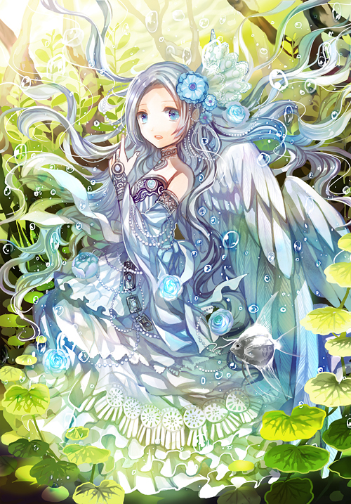 angel blue_eyes bubble fish long_hair original rioka_(southern_blue_sky) silver_hair solo underwater wings