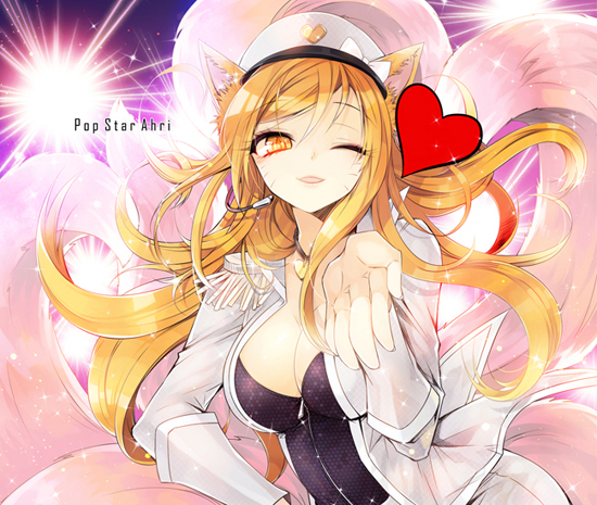 ;d ahri alternate_costume alternate_hair_color animal_ears asamiyajy bangs blonde_hair bow breasts character_name cleavage cosplay epaulettes facial_mark floating_hair foreshortening fox_ears fox_tail girls'_generation hat hat_bow headset heart heart_necklace idol jacket jewelry large_breasts league_of_legends lights long_hair long_sleeves multiple_tails necklace one_eye_closed open_clothes open_jacket open_mouth peaked_cap popstar_ahri smile solo sparkle swept_bangs tail upper_body whisker_markings yellow_eyes zipper