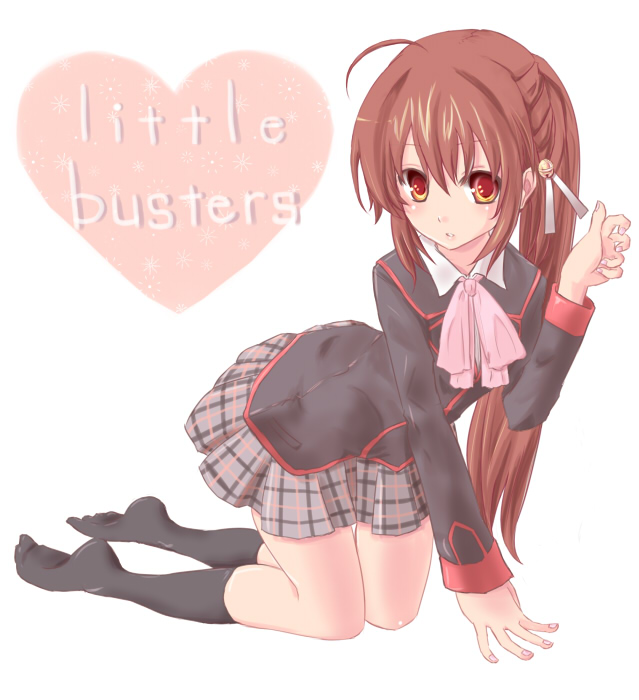 all_fours bad_id bad_pixiv_id bow brown_eyes brown_hair little_busters! long_hair natsume_rin pink_bow ponytail school_uniform season12 socks solo