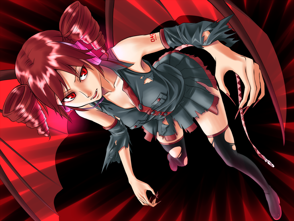bat_wings claws demon_girl detached_sleeves drill_hair fangs headphones kasane_teto red_eyes red_hair skirt solo thighhighs tk28 torn_clothes twin_drills twintails utau wings