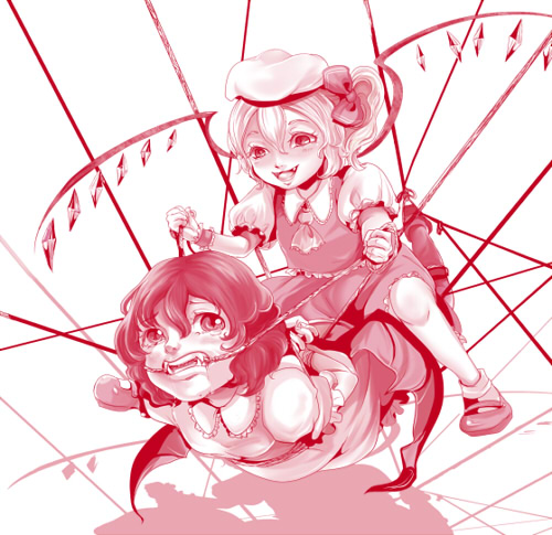 bad_id bad_pixiv_id bat_wings bdsm bondage bound fangs flandre_scarlet hat lowres monochrome multiple_girls one_side_up pink ponytail remilia_scarlet rope short_hair siblings sisters sitting sitting_on_person tatsumi touhou wings