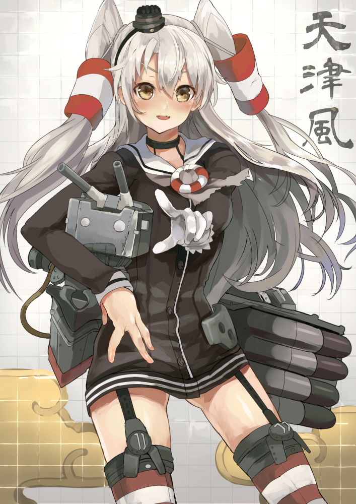 amatsukaze_(kantai_collection) blush brown_eyes dress garter_straps gloves himuro_(dobu_no_hotori) kantai_collection long_hair looking_at_viewer pointing red_legwear rensouhou-kun sailor_dress short_dress silver_hair single_glove solo striped striped_legwear thighhighs two_side_up zettai_ryouiki