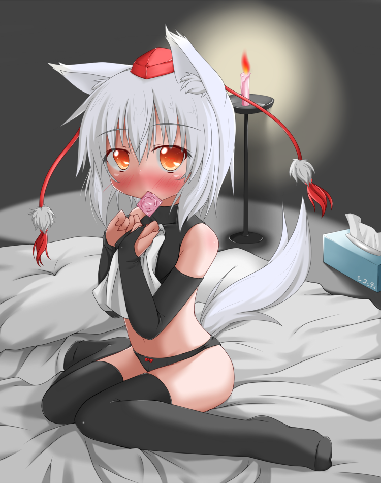 animal_ears bed black_legwear black_panties blush bow bow_panties candle condom condom_wrapper crop_top fingerless_gloves fire flame full_body gloves halter_top halterneck hat inubashiri_momiji light looking_at_viewer mouth_hold oden_(th-inaba) on_bed orange_eyes panties petite pillow short_hair silver_hair sitting sleeveless sleeveless_turtleneck solo tail thighhighs tokin_hat touhou turtleneck underwear underwear_only wariza wax wolf_tail