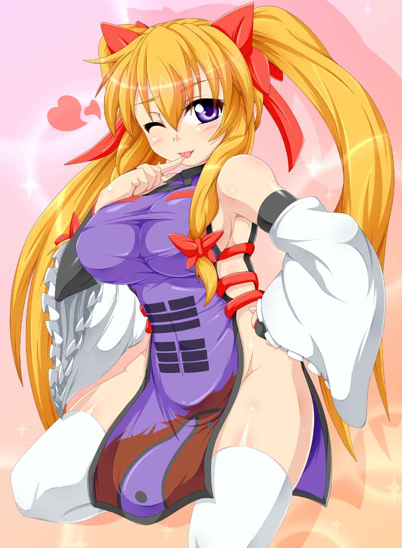 adapted_costume alternate_hairstyle breasts detached_sleeves finger_to_mouth hair_bun heart kokujuuji large_breasts long_hair long_sleeves looking_at_viewer naked_tabard no_bra no_panties one_eye_closed purple_eyes sideboob smile solo tabard thighhighs tongue tongue_out touhou twintails very_long_hair white_legwear wide_sleeves yakumo_yukari