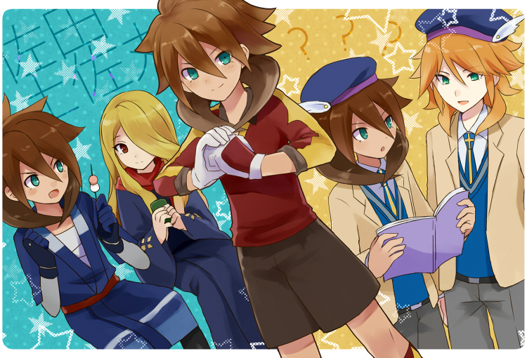 amemiya_taiyou aqua_eyes arakumo_gakuen arakumo_gakuen_school_uniform arakumo_gakuen_soccer_uniform barufoa blonde_hair brown_hair character_name dutch_angle gloves goalkeeper green_eyes hair_over_one_eye hinano_kinsuke inazuma_eleven_(series) inazuma_eleven_go long_hair male_focus multiple_boys necktie open_mouth orange_hair sata_tosamaru school_uniform smile soccer_uniform sportswear star