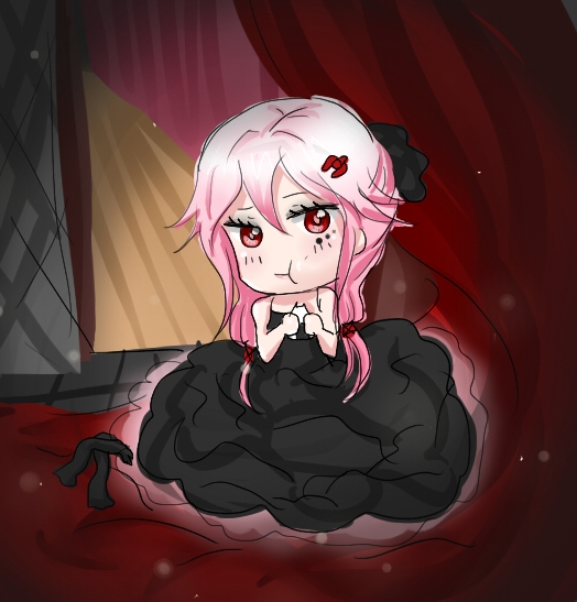 backstage bare_shoulders black_dress blush chibi dress eating elfeel food guilty_crown hair_ornament hairclip long_hair looking_at_viewer onigiri pink_hair red_eyes sitting solo twintails yuzuriha_inori