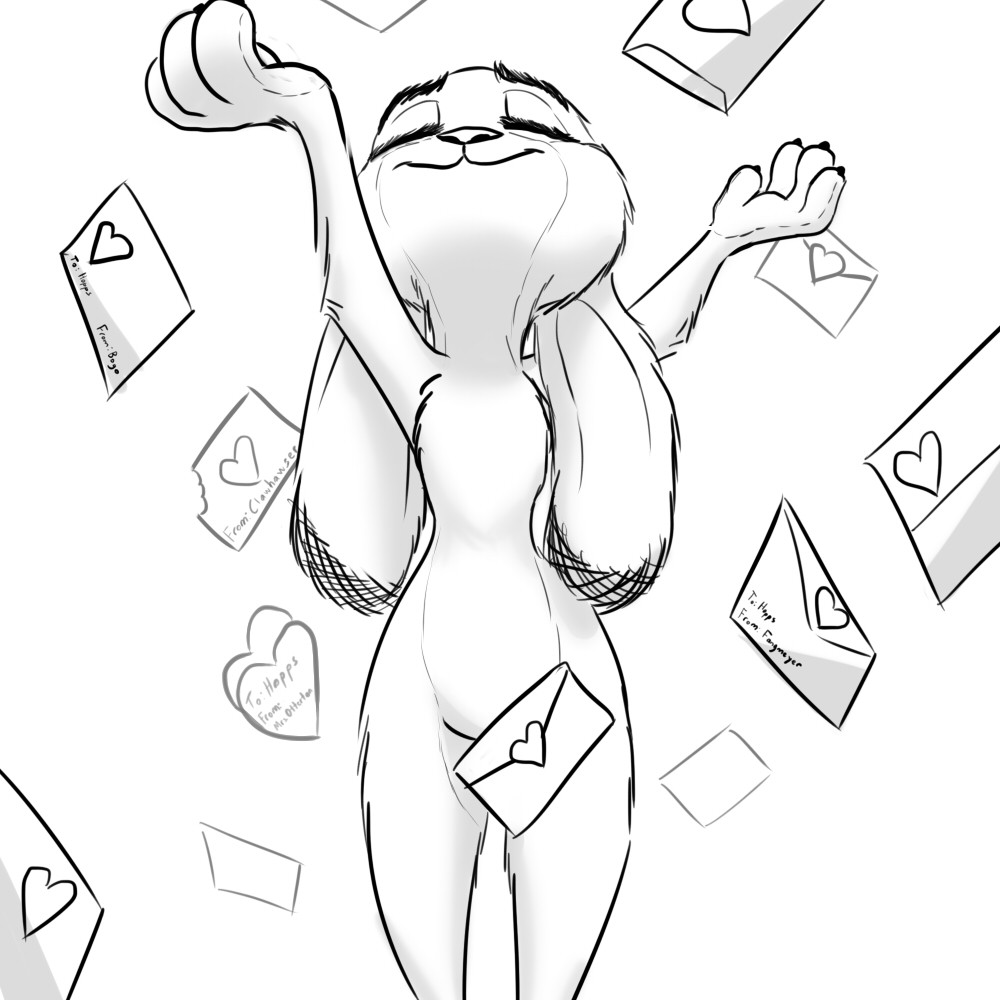 &lt;3 black_and_white breasts disney featureless_breasts female holidays judy_hopps lagomorph letter line_art mammal monochrome nude rabbit simple_background solo valentine's_day w4g4 white_background zootopia
