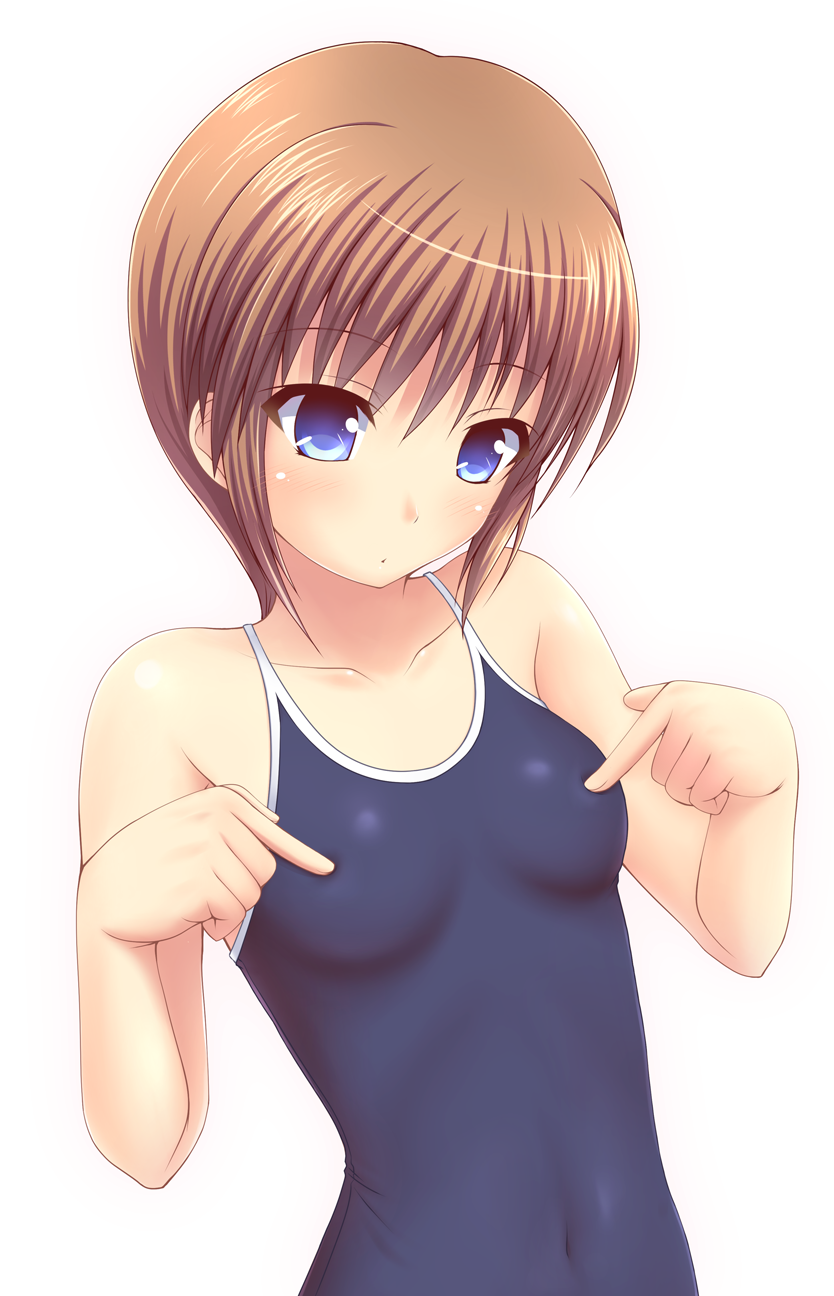 blue_eyes breast_poke breasts brown_hair competition_school_swimsuit covered_navel eyebrows_visible_through_hair highres ki_(kk-sk-ray) one-piece_swimsuit original poking school_swimsuit short_hair small_breasts solo swimsuit
