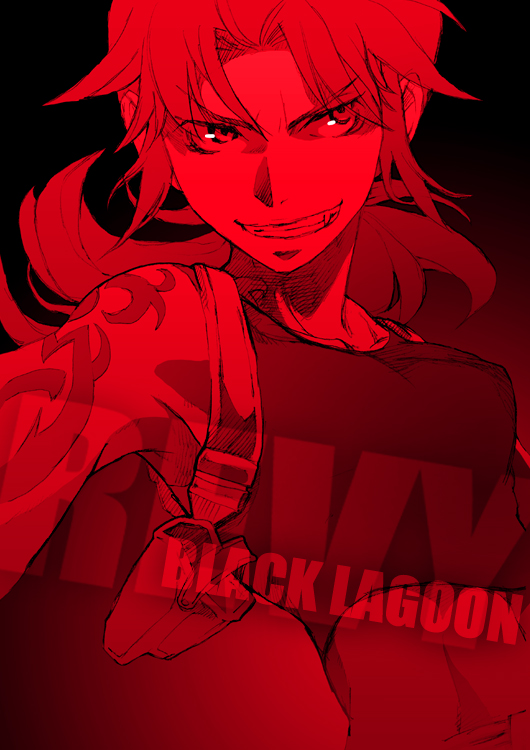 black_lagoon fang grin holster juu_(juuzi) looking_away midriff monochrome ponytail red revy_(black_lagoon) smile solo tank_top tattoo