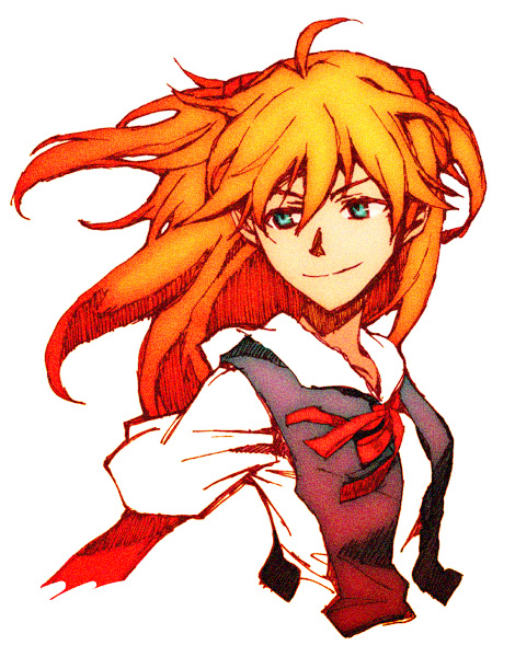 bad_id bad_pixiv_id blue_eyes floating_hair juu_(juuzi) long_hair looking_away neck_ribbon neon_genesis_evangelion red_hair ribbon shirt short_sleeves smile solo souryuu_asuka_langley wind