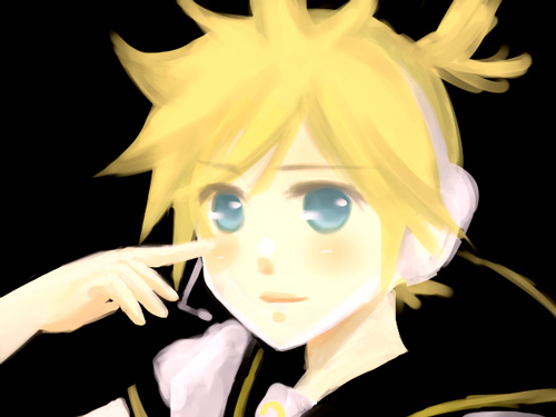 ataru_(7noise) bad_id bad_pixiv_id black_background blonde_hair kagamine_len looking_at_viewer lowres male_focus ponytail smile solo vocaloid