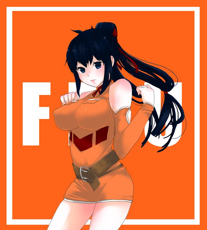 belt breasts buckle commentary_request contrapposto copyright_name covered_nipples cowboy_shot detached_sleeves dixsept final_fantasy final_fantasy_unlimited large_breasts lisa_pacifist long_hair looking_at_viewer orange_background ponytail puffy_nipples simple_background smile solo standing