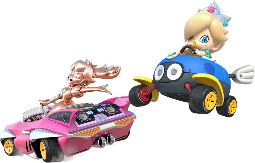 :d baby baby_rosalina blush car cart clothed clothing crown cute dress driving duo female gloves gold hair happy headgear human kart looking_at_viewer mammal mario_bros mario_kart mario_kart_8 nintendo open_mouth pink_gold_peach princess princess_peach princess_rosalina raised_arm royalty size_difference smile smoke tongue unknown_artist video_games wings young