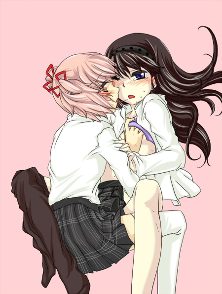 akemi_homura black_hair blush breast_grab d: flat_chest grabbing hair_ribbon hairband hand_on_another's_chest ichigen kaname_madoka kiss long_hair looking_at_another mahou_shoujo_madoka_magica multiple_girls open_clothes open_mouth open_shirt pantyhose pantyhose_around_one_leg pantyhose_pull pink_background pink_eyes pink_hair purple_eyes ribbon saliva saliva_trail school_uniform shirt shirt_lift short_twintails simple_background skirt sweat tears thighhighs twintails yuri