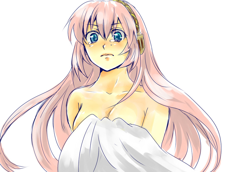 aqua_eyes ataru_(7noise) bad_id bad_pixiv_id blanket blush covering covering_breasts long_hair megurine_luka nude pink_hair solo tears vocaloid