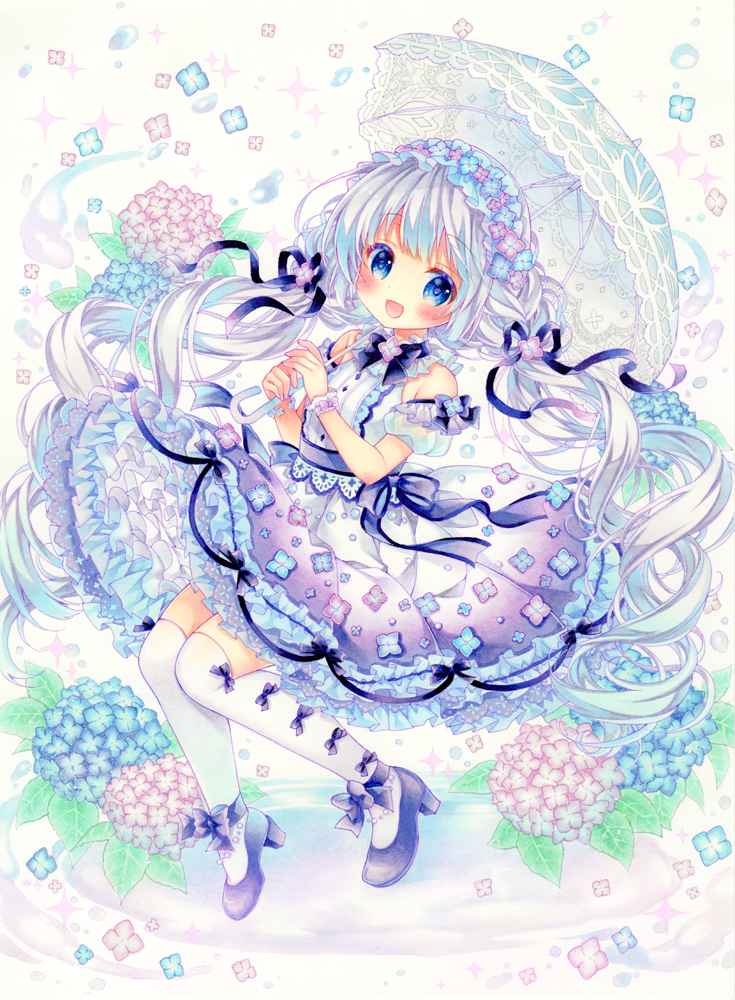 1girl :d bangs bare_shoulders blue_bow blue_eyes blue_flower blue_ribbon blush bow commentary_request detached_sleeves eyebrows_visible_through_hair flower grey_background hair_flower hair_ornament hair_ribbon hands_up high_heels holding holding_umbrella hydrangea long_hair looking_at_viewer low_twintails open_mouth original over-kneehighs pink_flower puffy_short_sleeves puffy_sleeves purple_footwear purple_skirt puu_(kari---ume) ribbon shirt shoes short_sleeves silver_hair skirt sleeveless sleeveless_shirt smile solo sparkle thighhighs traditional_media twintails umbrella very_long_hair white_legwear white_shirt white_sleeves white_umbrella wrist_cuffs