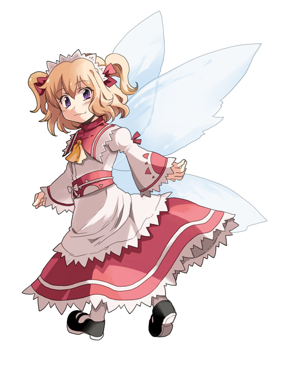 blonde_hair dress fairy fairy_wings frilled_dress frilled_sleeves frills mary_janes purple_eyes shoes short_hair short_twintails smile sunny_milk tako_(plastic_protein) touhou twintails wings