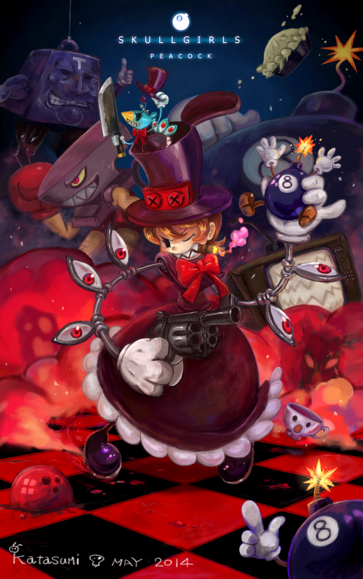 andy_anvil avery_(skullgirls) bow cigar cup dress food george_the_bomb gloves grin gun handgun hat lenny_the_bomb mechanical_arms one_eye_closed orange_hair peacock_(skullgirls) pie red_eyes revolver sharp_teeth short_hair skullgirls smile teacup teeth television tommy_ten-tons top_hat weapon yoinews1023