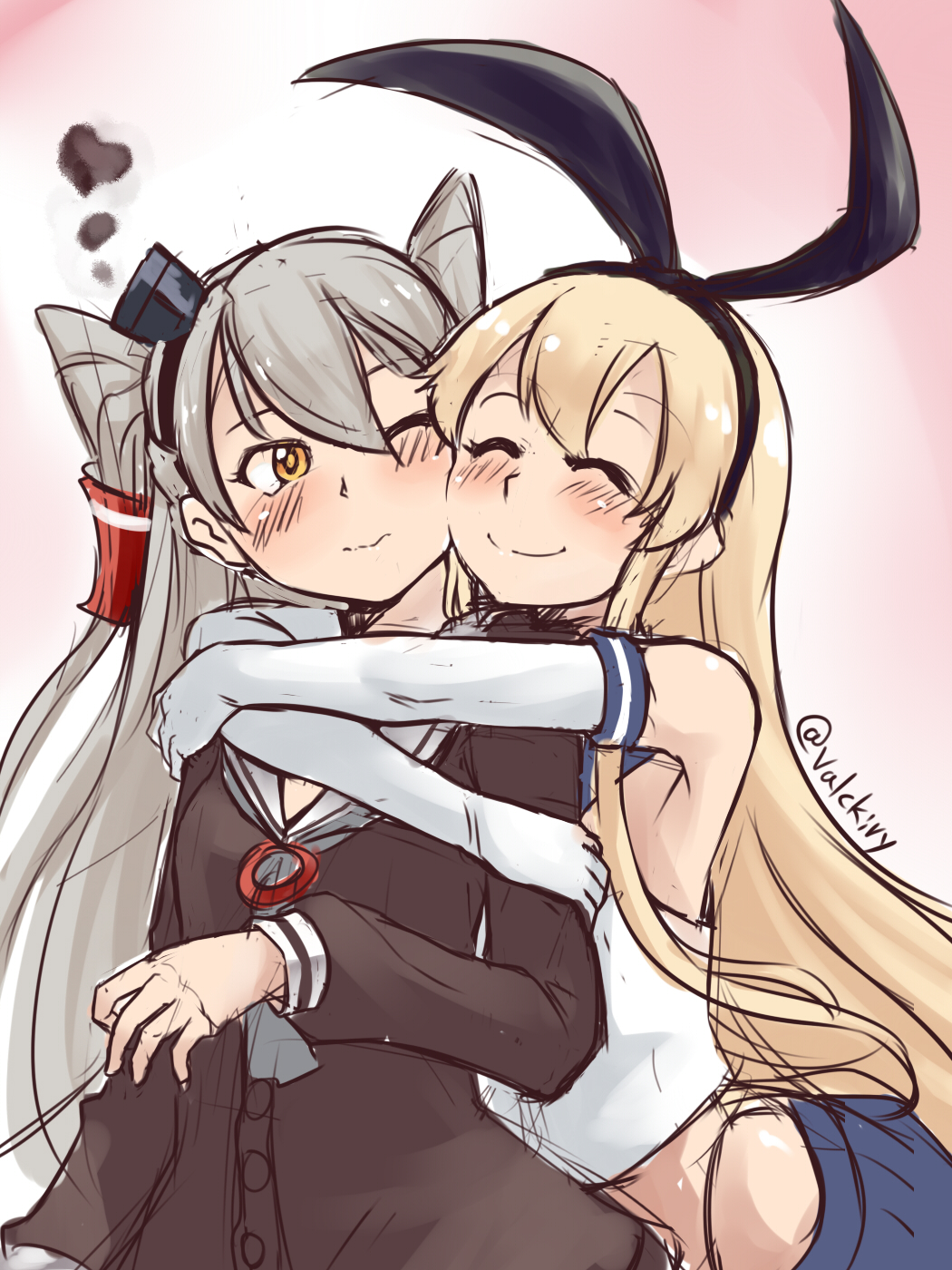 amatsukaze_(kantai_collection) armpits blonde_hair blush closed_eyes dress elbow_gloves gloves hair_ribbon hairband highres hug kantai_collection long_hair multiple_girls nam_(valckiry) one_eye_closed ribbon sailor_dress school_uniform serafuku shimakaze_(kantai_collection) short_dress silver_hair smile two_side_up yellow_eyes yuri