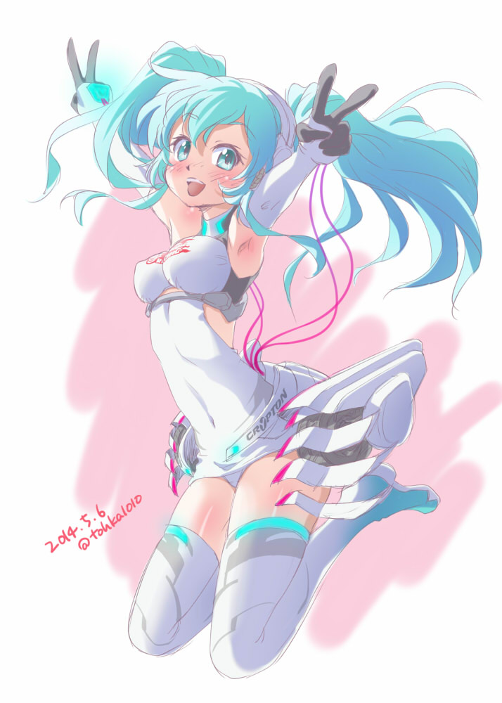 2014 aqua_eyes aqua_hair armpits artist_name boots covered_navel dated double_v elbow_gloves gloves goodsmile_company goodsmile_racing hatsune_miku jumping long_hair open_mouth race_queen racing_miku racing_miku_(2014) solo thigh_boots thighhighs totsuki_touka_(orange_factory) twintails v vocaloid